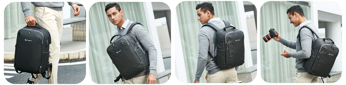 Plecak fotograficzny Fotopro FB-4 Pro, schowek, transport, noszenie, komfort, mężczyzna na 4 zdjęciach pozuje z plecakiem