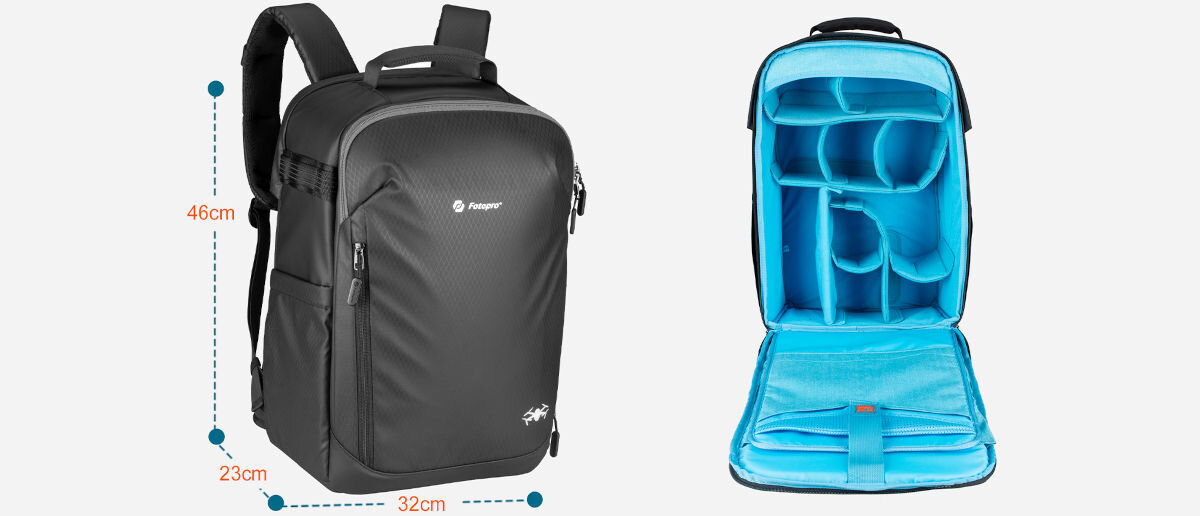 Plecak fotograficzny Fotopro FB-4 Pro, zaprojektowany, nietuzinkową, pojemność, modułowe, na białym tle plecak zamknięty od frontu na wprost, oraz otwarty