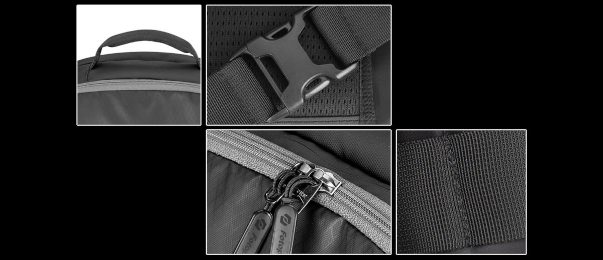 Plecak fotograficzny Fotopro FB-4 Pro, zaprojektowany, wygoda, trwałość, pas, na czarnym tle zbliżenie na zapięcia plecaka