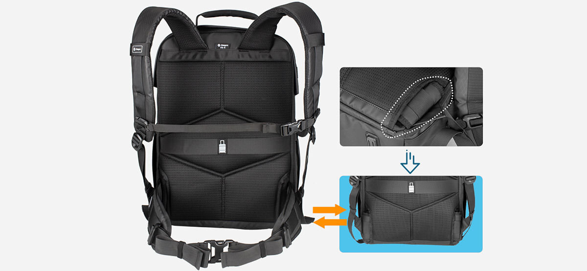 Plecak fotograficzny Fotopro FB-4 Pro, wygoda, ergonomiczne, plecy, profilowane, na szarym tle plecak od strony pleców i zbliżenie na pasy plecaka