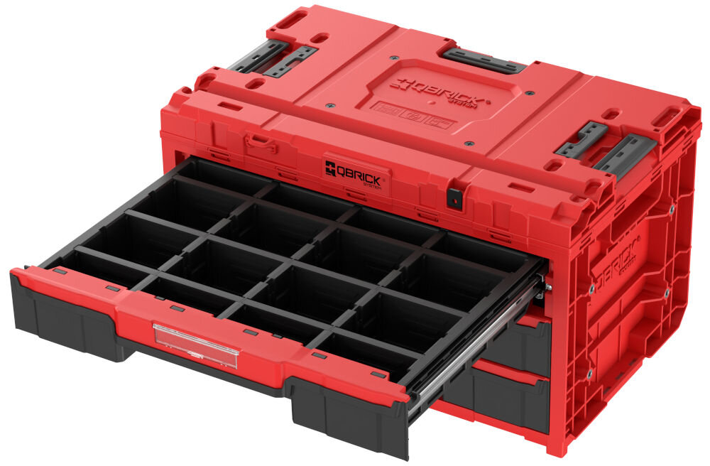 Skrzynia na narzędzia QBRICK One Drawer 3 Toolbox 2.0 Red Ultra HD szuflady metalowe prowadnice przegrody