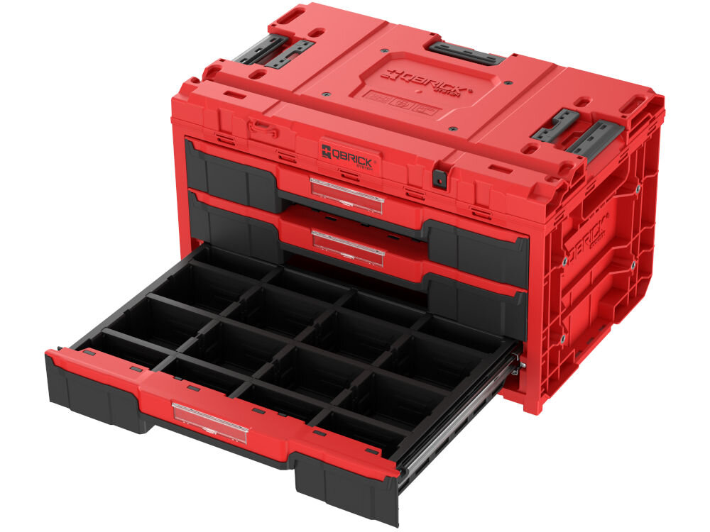 Skrzynia na narzędzia QBRICK One Drawer 3 Toolbox 2.0 Red Ultra HD uchwyty boczne etykieta inserty gwintowane M8