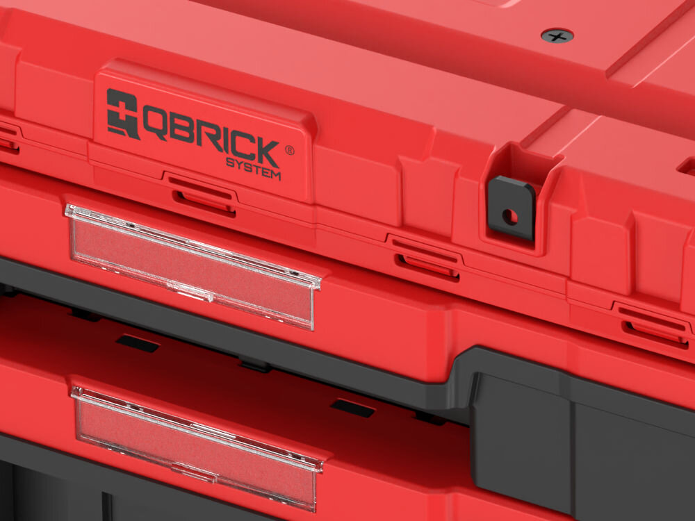 Skrzynia na narzędzia QBRICK Drawer 2 Plus Toolbox 2.0 Red Ultra HD uchwyty boczne etykieta inserty gwintowane M8