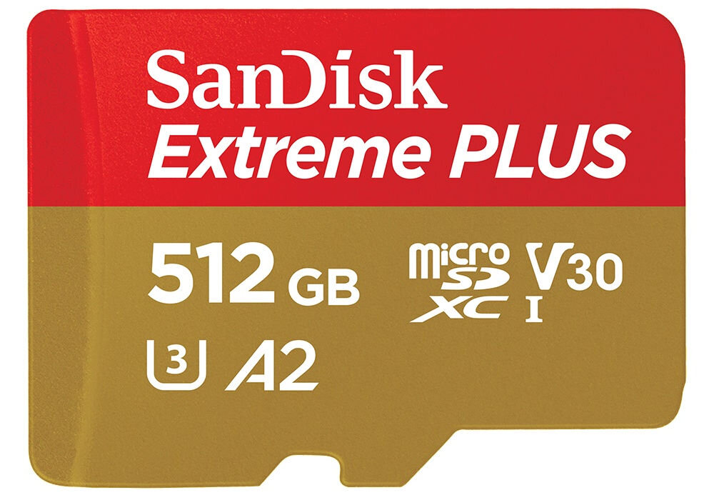Karta pamięci SANDISK Extreme Plus microSDXC 512GB + Adapter prezentacja karty na białym tle do zdjęć i wideo