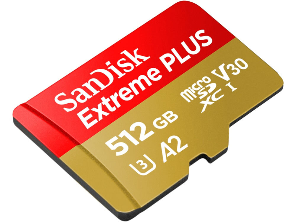 Karta pamięci SANDISK Extreme Plus microSDXC 512GB + Adapter prezentacja karty na białym tle pod kątem do zdjęć i wideo duża przestrzeń do przechowywania