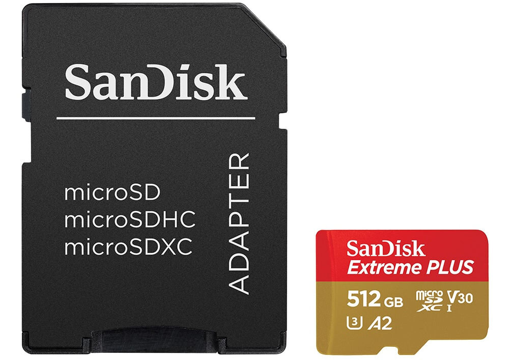 Karta pamięci SANDISK Extreme Plus microSDXC 512GB + Adapter prezentacja karty na białym tle z adapterem szybki odczyt do 200 MB/s transfer plików oszczędność czasu