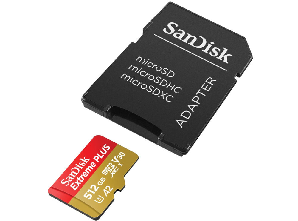 Karta pamięci SANDISK Extreme Plus microSDXC 512GB + Adapter prezentacja karty na białym tle z adapterem szybki zapis 140 MB/s do 4K i zdjęć seryjnych ułatwia nagrywanie materiałów Full HD