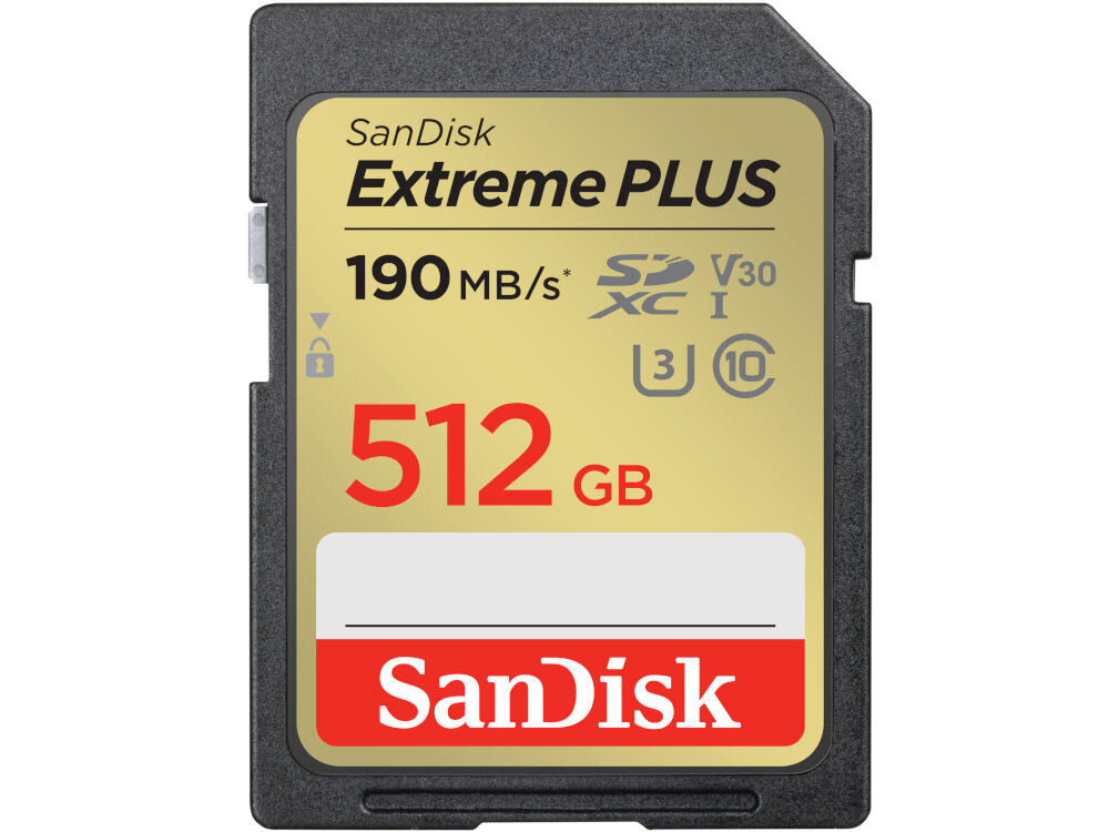 Karta pamięci SANDISK Extreme Plus SDXC 512GB prezentacja karty na białym tle do zdjęć i wideo