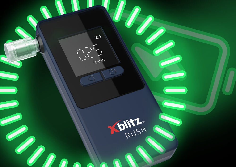 Alkomat XBLITZ Rush Elektrochemiczny kolorowa sygnalizacja LED zielona dioda mozesz prowadzić czerwona przekroczenie limitu alkoholu bezpieczna jazda