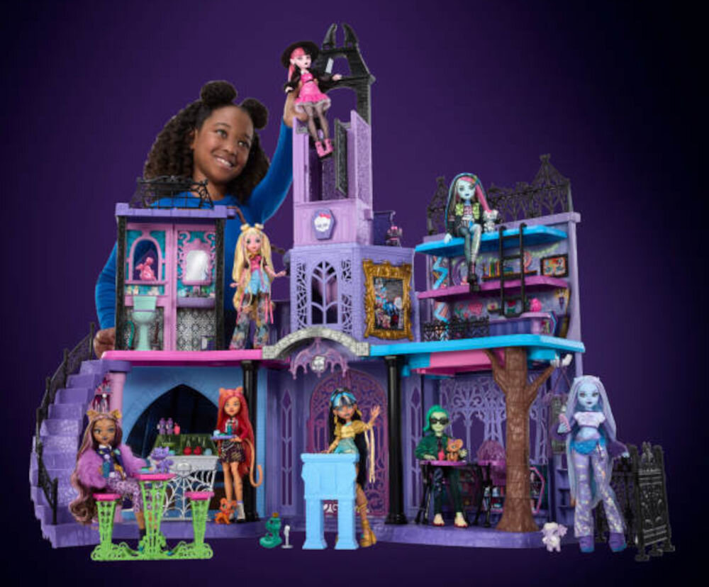 Domek MONSTER HIGH Straszyceum HLP88 straszyceum ponad 7 obszarów zabawy sypialnia łazienka straszystołówka klasa szkolna świetlica kącik eliksirów