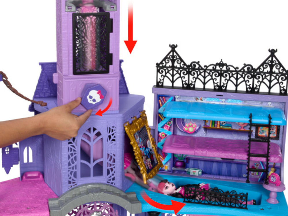 Domek MONSTER HIGH Straszyceum HLP88 klatka schodowa miejsce na przygotowywanie eliksirów 2 sekretne przejścia zjeżdżalnia wieża