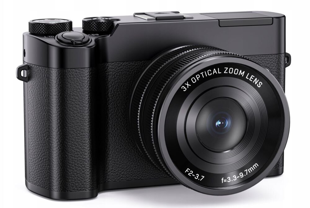 Czarny aparat fotograficzny z widocznym obiektywem oznaczonym napisem \'3X OPTICAL ZOOM LENS F2-3.7 f=3.3-9.7mm\'.