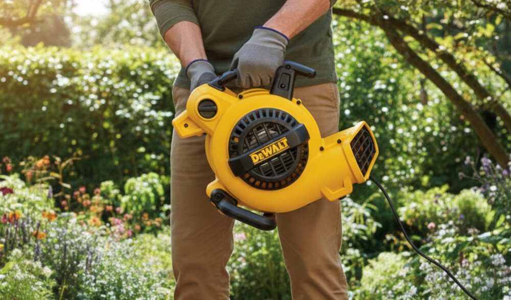 Dmuchawa DEWALT AT-DXAM2250 ogród osoba trzyma dmuchawę w dłoniach w tle kwiaty osuszanie wentylacja wszechstronne zastosowania elastyczność