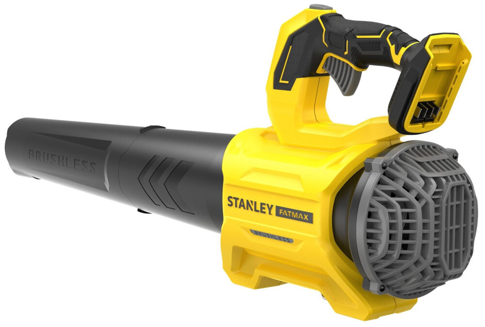 Dmuchawa do liści STANLEY SFMCBL730B-XJ akumulatorowa dmuchawa na białym tle widoczna od tyłu pod skosem silnik bezszczotkowy wyższa sprawność dłuższa żywotność większa moc przy niższym zużyciu energii mniejsze wymagania konserwacyjne