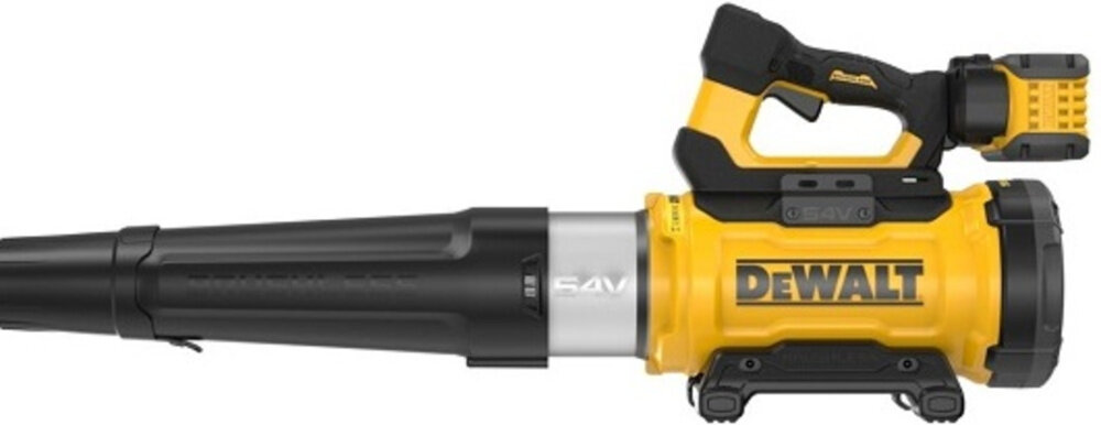 Dmuchawa do liści akumulatorowa DEWALT DCMBL777X1-QW (z akumulatorem) dmuchawa na białym tle widoczna z boku do szybkiego i wygodnego usuwania liści, pyłu drobnych zanieczyszczeń wysokiej wydajności lekkiej konstrukcji Ergonomiczne uchwyty dobrze wyważona budowa