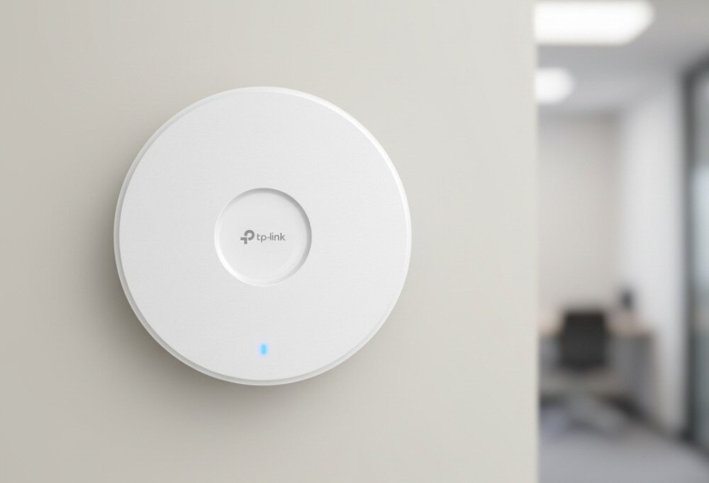 Punkt dostępu TP-LINK EAP772 Centralnie umieszczone okrągłe urządzenie sieciowe na jasnej płaskiej powierzchni, z logotypem pośrodku i małym punktem świetlnym na dole