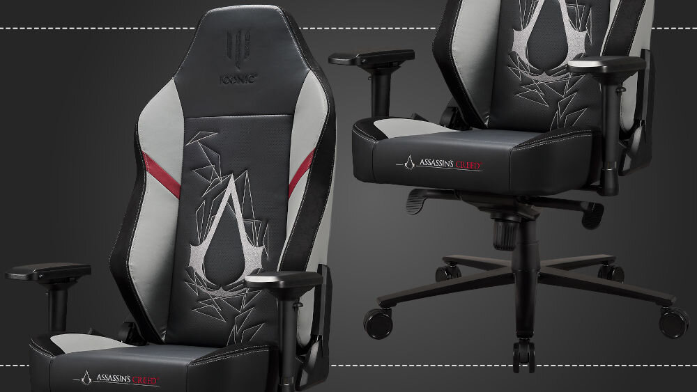 Fotel SUBSONIC Iconic SA5626-1 Assassin's Creed Czarno-Biały ergonomia wysoki komfort naturalne krzywizny kręgosłpa dopasowany do kształtu pleców dla użytkowników o wzroście od 165 cm do 195