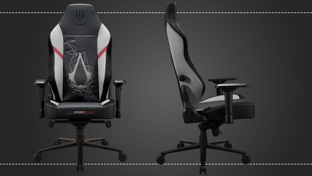 Fotel SUBSONIC Iconic SA5626-1 Assassin's Creed Czarno-Biały redukcja napięcia szerokie komfortowe opracie dopasowany do krzywizn kręgosłupa możliwość regulacja za pomocą intuicyjnego pokrętła optymalna ergonomia i wygoda
					regulowane podłokietniki