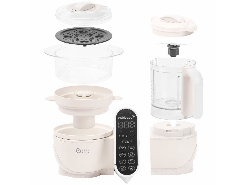 Robot kuchenny BABYMOOV Nutribaby (+) 6w1 A001135 Beżowy wszechstronność wiele zadań jeden sprzęt 6 funkcji gotowanie na parze blendowanie sterylizacja butelek i drobnych akcesoriów podgrzewanie posiłków oraz butelek rozmrażanie funkcjonalne rozwiązanie intuicyjny panel sterowania łatwa obsługa