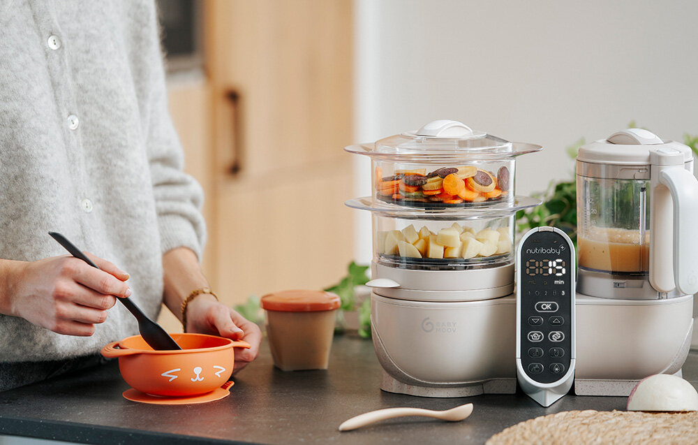 Robot kuchenny BABYMOOV Nutribaby (+) 6w1 A001135 Beżowy oszczędność czasu energii jednoczesne gotowanie na parze i blendowanie osszczędność czasu jedzenie o różnych konsystencjach idealne dla niemowląt 0 80% mniej energii od tradycyjnych metod przyjazny dla srodowiska 