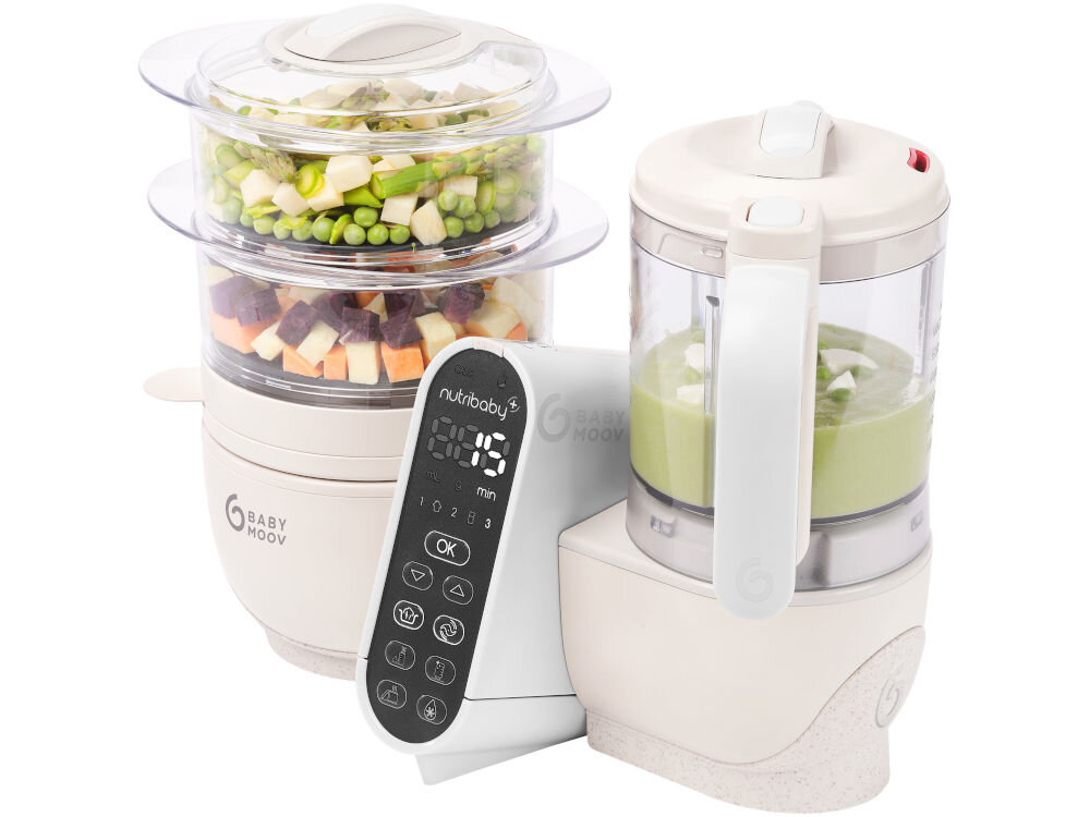 Robot kuchenny BABYMOOV Nutribaby (+) 6w1 A001135 Beżowy gotowanie na parze najzdrowsza metoda przyrządzania posiłków jednoczesne przygotowanie różnych składników warzywa ryby mięso owoce dwa koszyki do gotowania na parze oddzielenie poszczególnych produktów różnorodne dania w tym samym czasie specjalny pojemnik na soki zachowanie składników odżywczych wzbogacenie smaku potraw dodanie do przygotowanych dań 