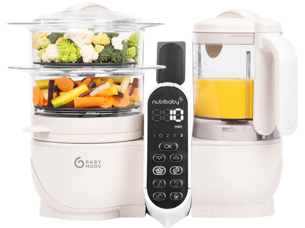 Robot kuchenny BABYMOOV Nutribaby (+) 6w1 A001135 Beżowy funkcja blendowanie 3 prędkości dostosowanie konsystencji posiłków gładkie puree posiłki z większymi kawałkami starsze dzieci dostosowanie dow eiku i preferencji duża pojemnośc blendera 700 ml przygotowanie większych porcji mrożenie jedzenia na później 