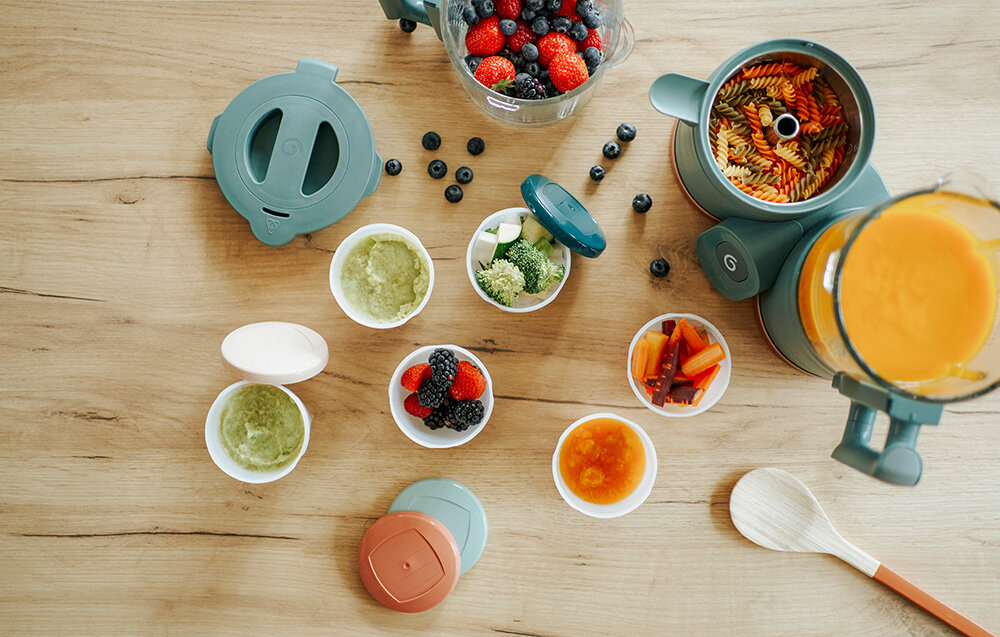 Robot kuchenny BABYMOOV Nutribaby Glass 4w1 A001132 Zielony taca ociekowa na wodę z gotowania dostosowanie konsystencji potraw zachowanie jak największej ilości składników odżywczych zdrowe zbilansowane posiłki parowanie delikatna obróbka termiczna ochrona naturalnego smaku i wartości odżywczych składników pełna wartości 