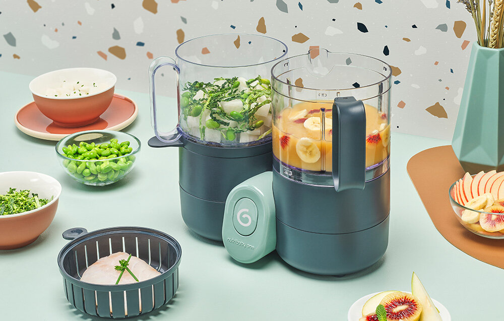 Robot kuchenny BABYMOOV Nutribaby One 4w1 A001133 Czarny 2000 ml pojemności 1300 ml do gotowania 700 ml do blendowania kilka posiłków jednocześnie kosz do gotowania na parze podział misy na dwa poziomy różne potrawy jednocześnie