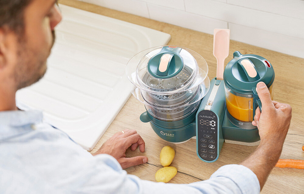 Robot kuchenny BABYMOOV Nutribaby (+) 6w1 A001136 Zielony wszechstronne urządzenie ułatwienie przygotowywania posiłków szeroka gama funkcji na każdy etap rozwoju pojemność 2,2 l większe ilości jedzenia szczególnie przydatne gotowanie na zapas stylowy design funkcjonalność nieodłączny element kuchni zdrowe nawyki żywieniowe 