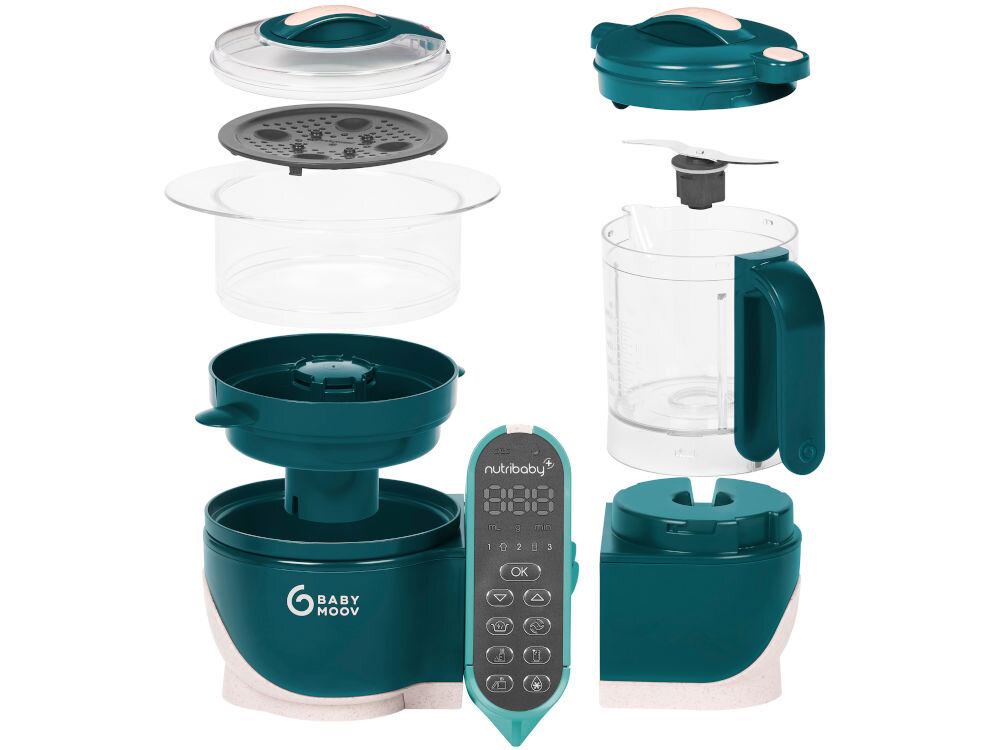 Robot kuchenny BABYMOOV Nutribaby (+) 6w1 A001136 Zielony wszechstronność wiele zadań jeden sprzęt 6 funkcji gotowanie na parze blendowanie sterylizacja butelek i drobnych akcesoriów podgrzewanie posiłków oraz butelek rozmrażanie funkcjonalne rozwiązanie intuicyjny panel sterowania łatwa obsługa