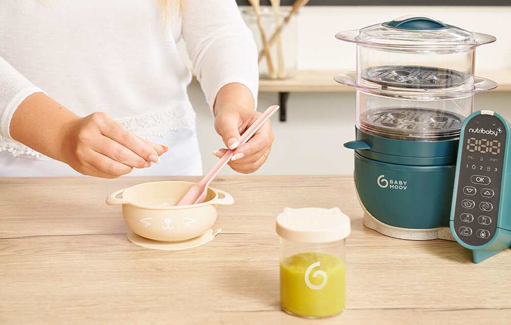 Robot kuchenny BABYMOOV Nutribaby (+) 6w1 A001136 Zielony oszczędność czasu energii jednoczesne gotowanie na parze i blendowanie osszczędność czasu jedzenie o różnych konsystencjach idealne dla niemowląt 0 80% mniej energii od tradycyjnych metod przyjazny dla srodowiska 