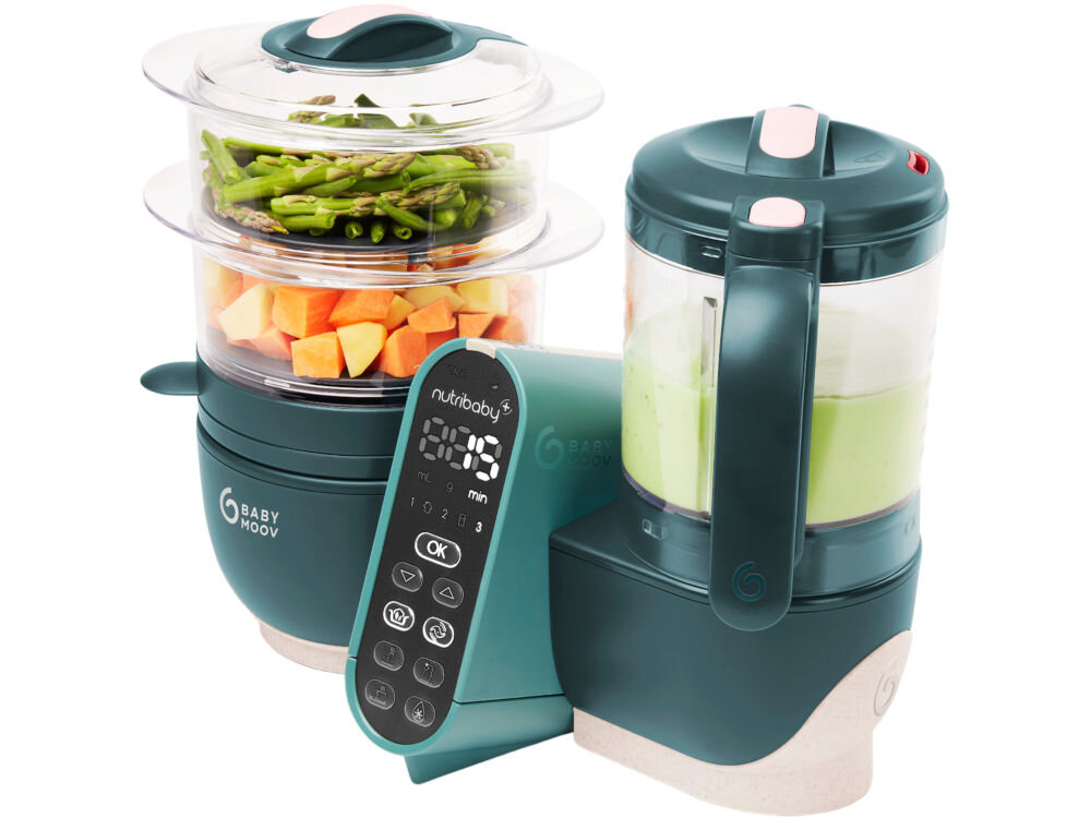 Robot kuchenny BABYMOOV Nutribaby (+) 6w1 A001136 Zielony gotowanie na parze najzdrowsza metoda przyrządzania posiłków jednoczesne przygotowanie różnych składników warzywa ryby mięso owoce dwa koszyki do gotowania na parze oddzielenie poszczególnych produktów różnorodne dania w tym samym czasie specjalny pojemnik na soki zachowanie składników odżywczych wzbogacenie smaku potraw dodanie do przygotowanych dań 