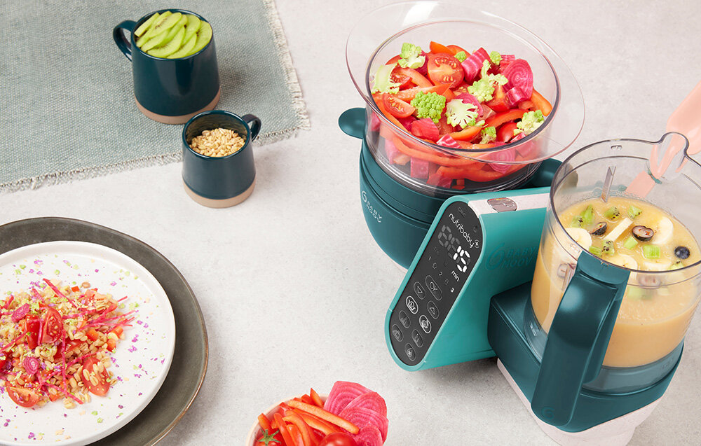 Robot kuchenny BABYMOOV Nutribaby (+) 6w1 A001136 Zielony sterylizacja młodzi rodzice szybkie skuteczne sterylizowanie butelek małych akcesoriów zachowanie higieny bezpieczeństwa podczas karmienia podgrzewacz do słoików z jedzeniem butelek ułatwienie karmienia 