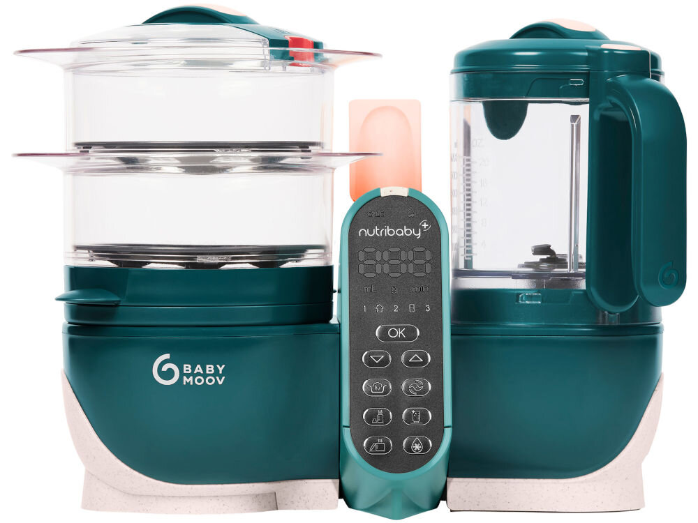 Robot kuchenny BABYMOOV Nutribaby (+) 6w1 A001136 Zielony kompaktowe wymiary stylowy wygląd wkomponowanie w kazdą kuchnie mało miejsca łatwe przenoszenie łatwe do czyszczenia większość elementów mozna myć w zmywarce uproszczone użytkowanie 