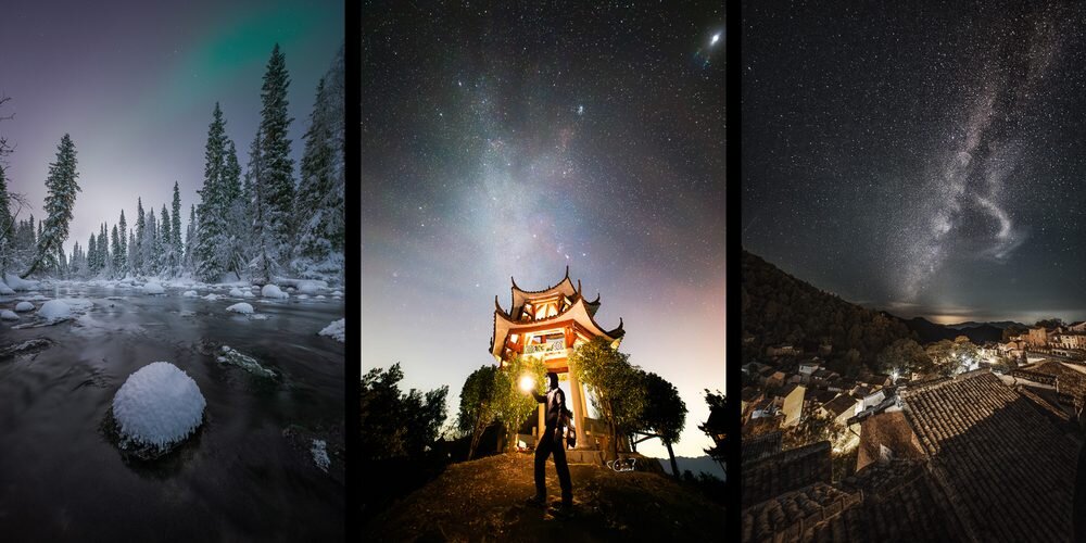Trzy nocne zdjęcia: ośnieżony las nad rzeką, osoba przed oświetloną pagodą pod gwiazdami oraz miasteczko z widoczną Drogą Mleczną