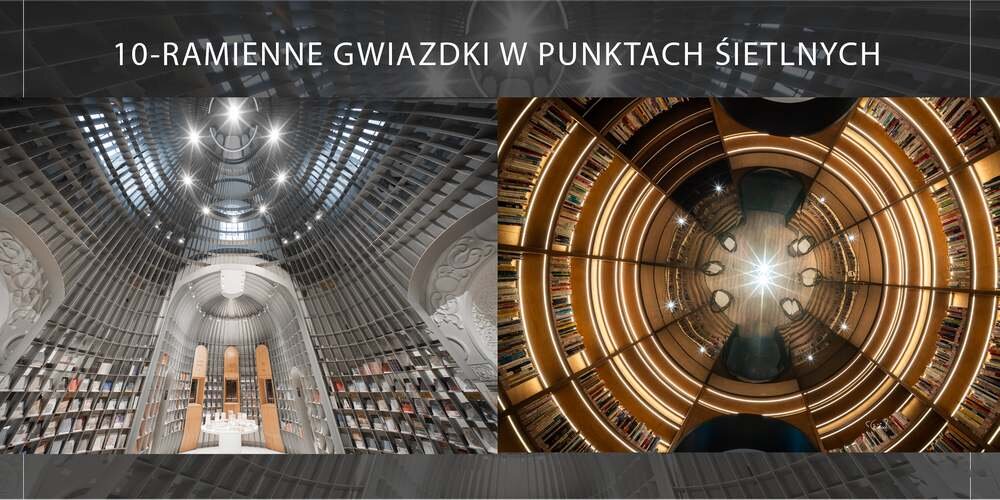 Dwa wnętrza z punktowymi światłami tworzącymi gwiazdy; u góry napis „10-ramienne gwiazdki w punktach świetlnych”