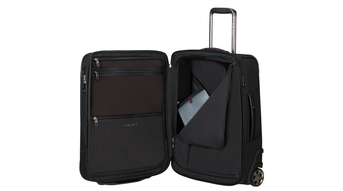 Walizka SAMSONITE Pro-DLX 6 Upright Exp 55 cm Czarny pokrowiec na ubrania z wieszakiem przekładka poprzeczne taśmy liczne kieszenie