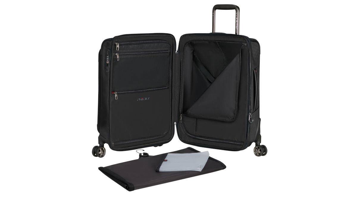 Walizka SAMSONITE Pro-DLX 6 Spinner Exp 55 cm Czarny pokrowiec na ubrania z wieszakiem przekładka poprzeczne taśmy liczne kieszenie funkcja poszerzenia o 7,5 l
