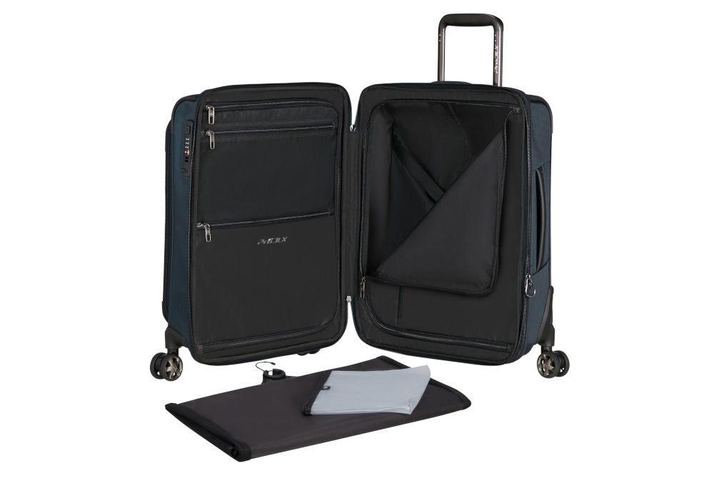 Walizka SAMSONITE Pro-DLX 6 Spinner Exp 55 cm Niebieski pokrowiec na ubrania z wieszakiem przekładka poprzeczne taśmy liczne kieszenie funkcja poszerzenia o 7,5 l