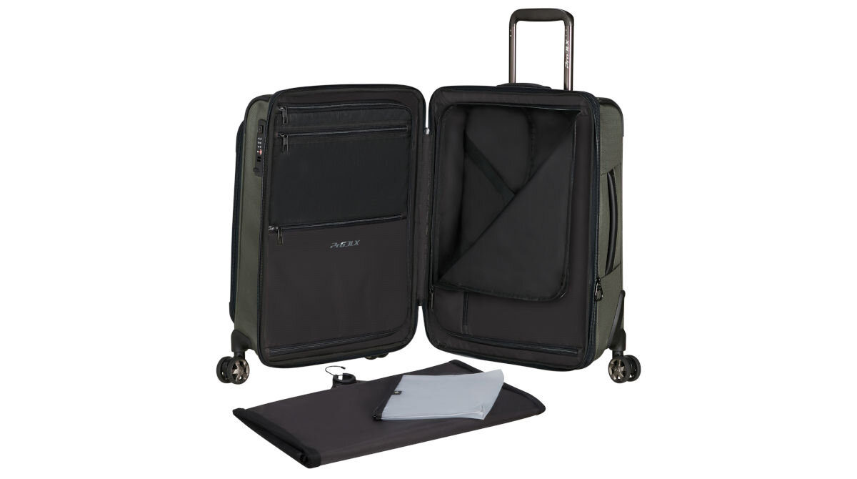 Walizka SAMSONITE Pro-DLX 6 Spinner 55 cm Zielony pokrowiec na ubrania z wieszakiem przekładka poprzeczne taśmy liczne kieszenie funkcja poszerzenia o 7,5 l