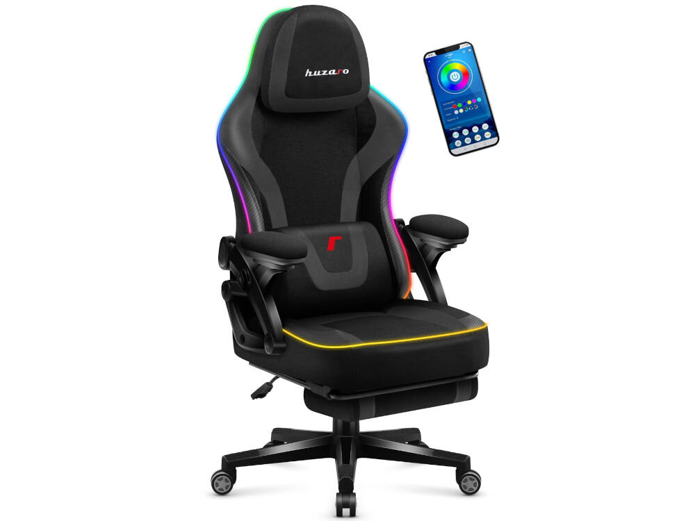 Fotel HUZARO Force 4.6 RGB Czarny prezentacja fotela na białym tle od przodu styl funkcjonalność gracz streamer biuro dobrze prezentuje się w kamerze podkreślenie stylu gracza influencer etetyka wygoda