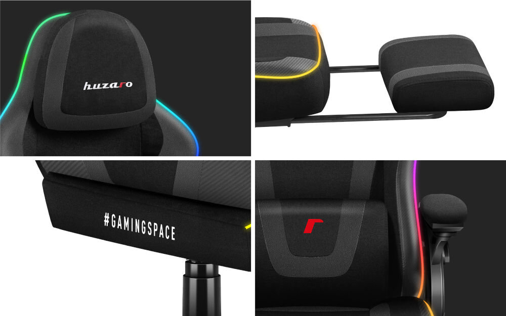 Fotel HUZARO Force 4.6 RGB Czarny zbliżenia na zagłówek podnóżek napis podłokietnik i poduszkę lędźwiową materiał tapicerki odporny na uszkodzenia mechaniczne rozciąganie zabrudzenia łatwy do czyszczenia estetyka funkcjonalność