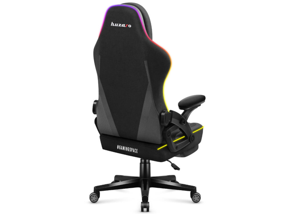 Fotel HUZARO Force 4.6 RGB Czarny prezentacja fotela od tyłu na białym tle oświetlenie zasilane z portu USB-A możliwe podłączenie do komputera laptopa powerbanka wygoda mobilność