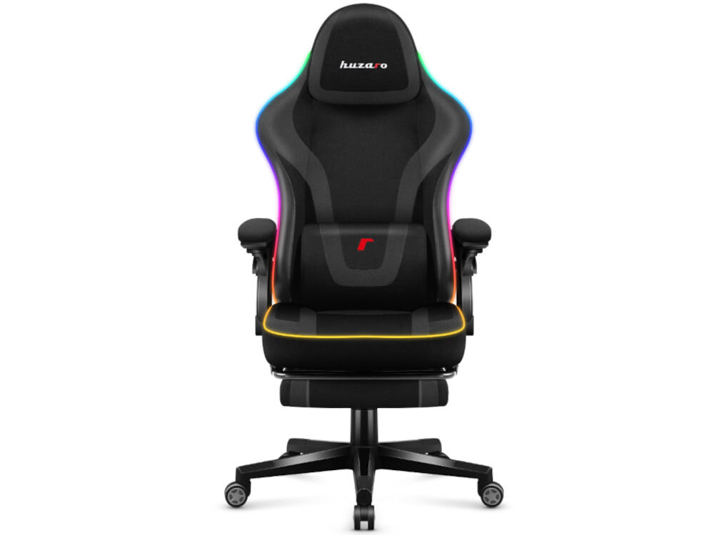 Fotel HUZARO Force 4.6 RGB Czarny prezentacja fotela na białym tle od przodu tryb synchronizacji dźwięku LEDy migają w rytm muzyki widowisko świetlne dostarczanie wrażeń