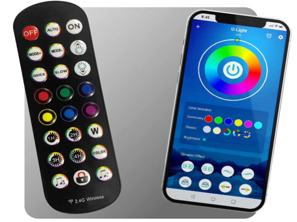 Fotel HUZARO Force 4.6 RGB Czarny prezentacja telefonu z włączoną aplikacją i pilota oświetlenie RGB sterowane przez Bluetooth w telefonie lub dołączonym pilotem wybór kolorów efektów tempa intensywności światła kontrola bez wstawania