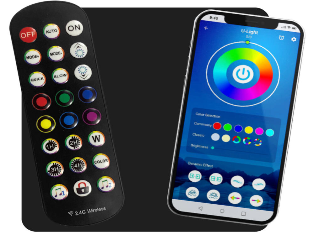 Fotel HUZARO Force 4.6 RGB Biały prezentacja telefonu z włączoną aplikacją i pilota oświetlenie RGB sterowane przez Bluetooth w telefonie lub dołączonym pilotem wybór kolorów efektów tempa intensywności światła kontrola bez wstawania
