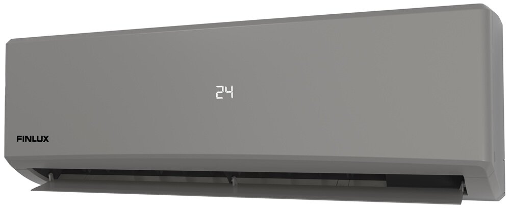 Szary klimatyzator ścienny z wyświetlaczem pokazującym liczbę 24. Na urządzeniu widoczne jest logo \'FINLUX\'.