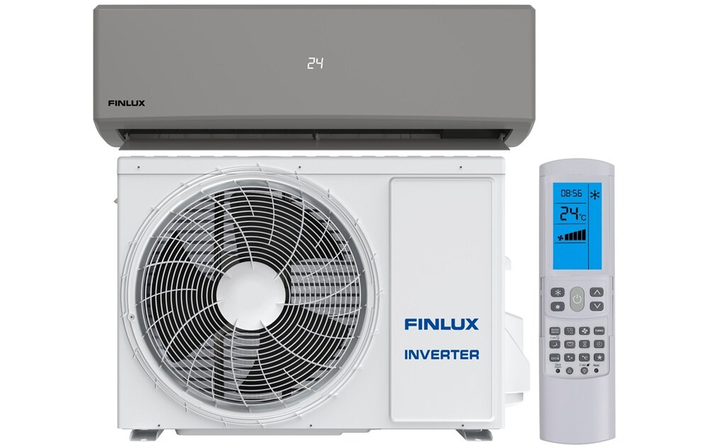 Na obrazie widoczny jest klimatyzator typu split z jednostką zewnętrzną i pilotem. Na jednostce zewnętrznej znajduje się napis \'FINLUX INVERTER\', a na pilocie wyświetlacz pokazuje \'24°C\'.