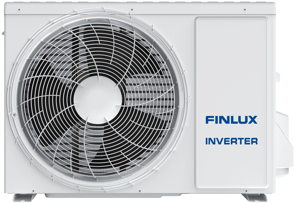 Na obrazie widoczna jest zewnętrzna jednostka klimatyzatora z dużym wentylatorem. Na obudowie znajduje się napis \'FINLUX INVERTER\'.