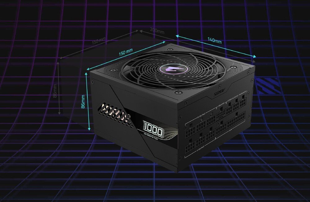 Zasilacz GIGABYTE Aorus Elite P1000W Grafika prezentująca wymiary zasilacza wynoszące 150 mm szerokości, 140 mm długości oraz 86 mm wysokości na tle fioletowej siatki